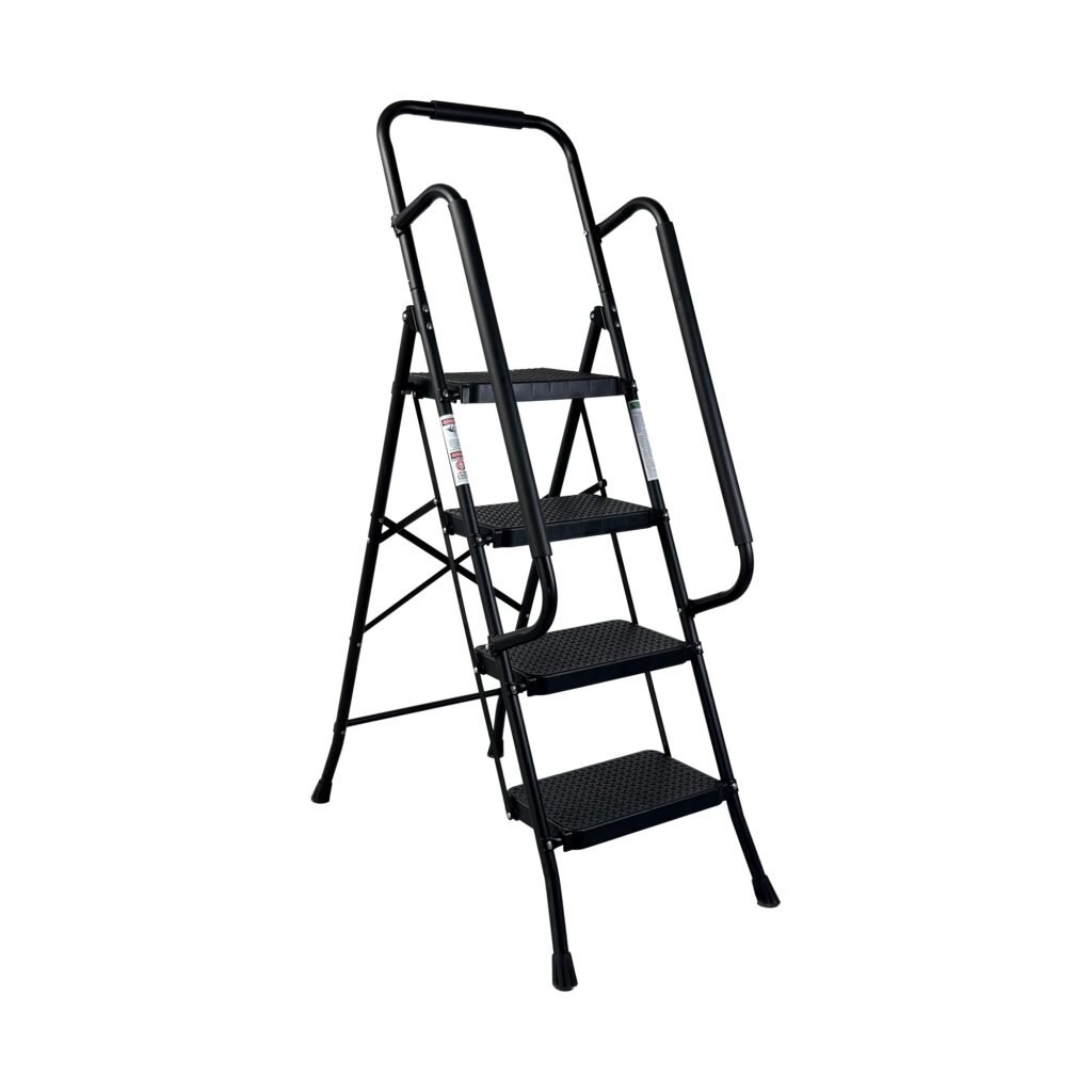 4 Step Ladder, Folding Step Stool with Wide Anti-Slip Pedal, Sturdy Steel Ladder, Convenient Handrail, Lightweight, Portable Steel Step Stool