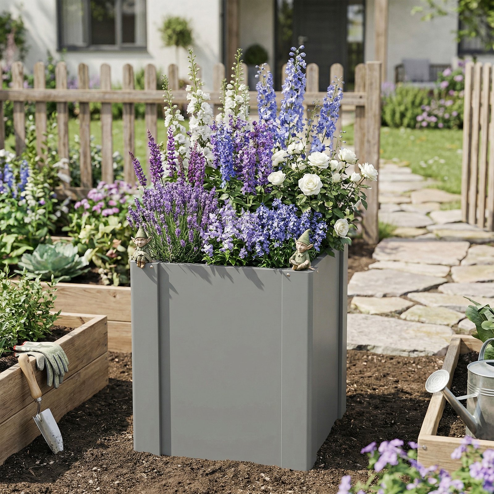 Raised Garden Bed Galvanized Planter Box Outdoor with Gloves for Gardening Vegetables, Flower, Herb, 1.4 x 1.4 x 1.5 ft, Gray - Image 8