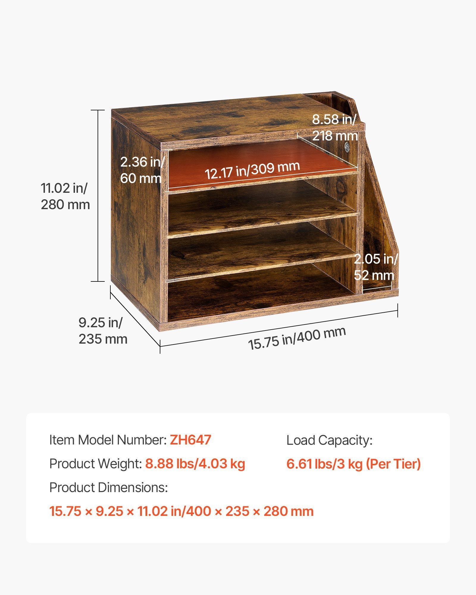 Literature Organizer, 4 Compartments Office Mailbox With Detachable Shelves, Wooden Mailbox Sorter With Side Vertical Storage, Countertop Office Home Organizer For File, Document, Paper, Brown - Image 6