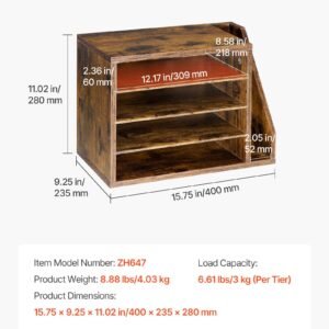 Literature Organizer, 4 Compartments Office Mailbox With Detachable Shelves, Wooden Mailbox Sorter With Side Vertical Storage, Countertop Office Home Organizer For File, Document, Paper, Brown - Image 1