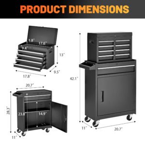 Excelo Tool Chest, 5-Drawer Rolling Tool Storage Cabinet With Detachable Top Tool Box, Liner, Universal Lockable Wheels, Adjustable Shelf, Locking Mechanism, Metal Tool Cart For Garage Workshop - Image 2