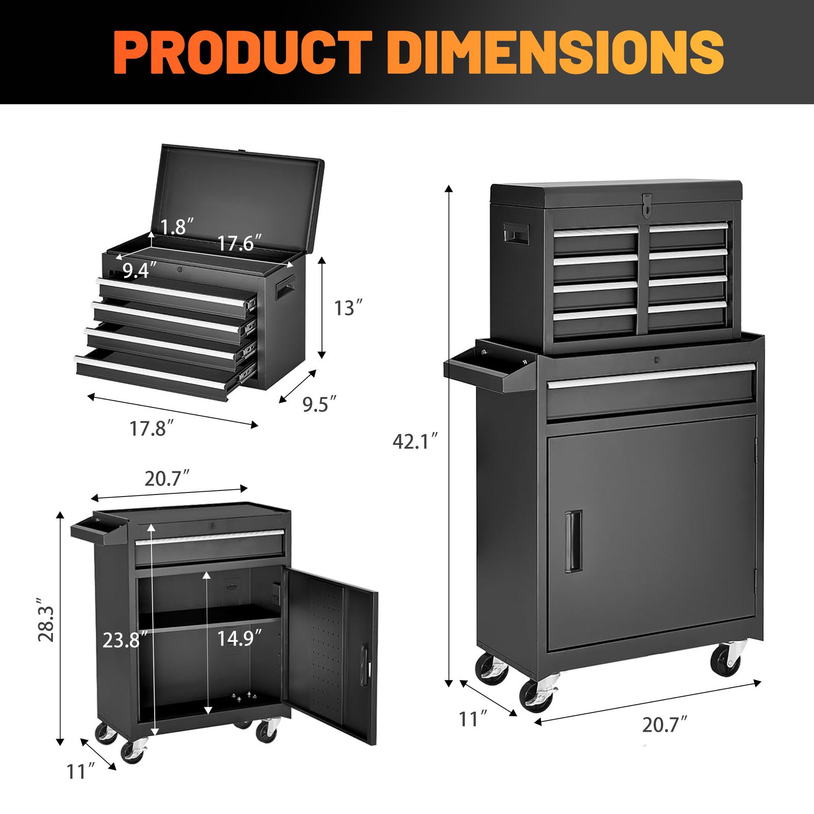 Excelo Tool Chest, 5-Drawer Rolling Tool Storage Cabinet With Detachable Top Tool Box, Liner, Universal Lockable Wheels, Adjustable Shelf, Locking Mechanism, Metal Tool Cart For Garage Workshop - Image 2