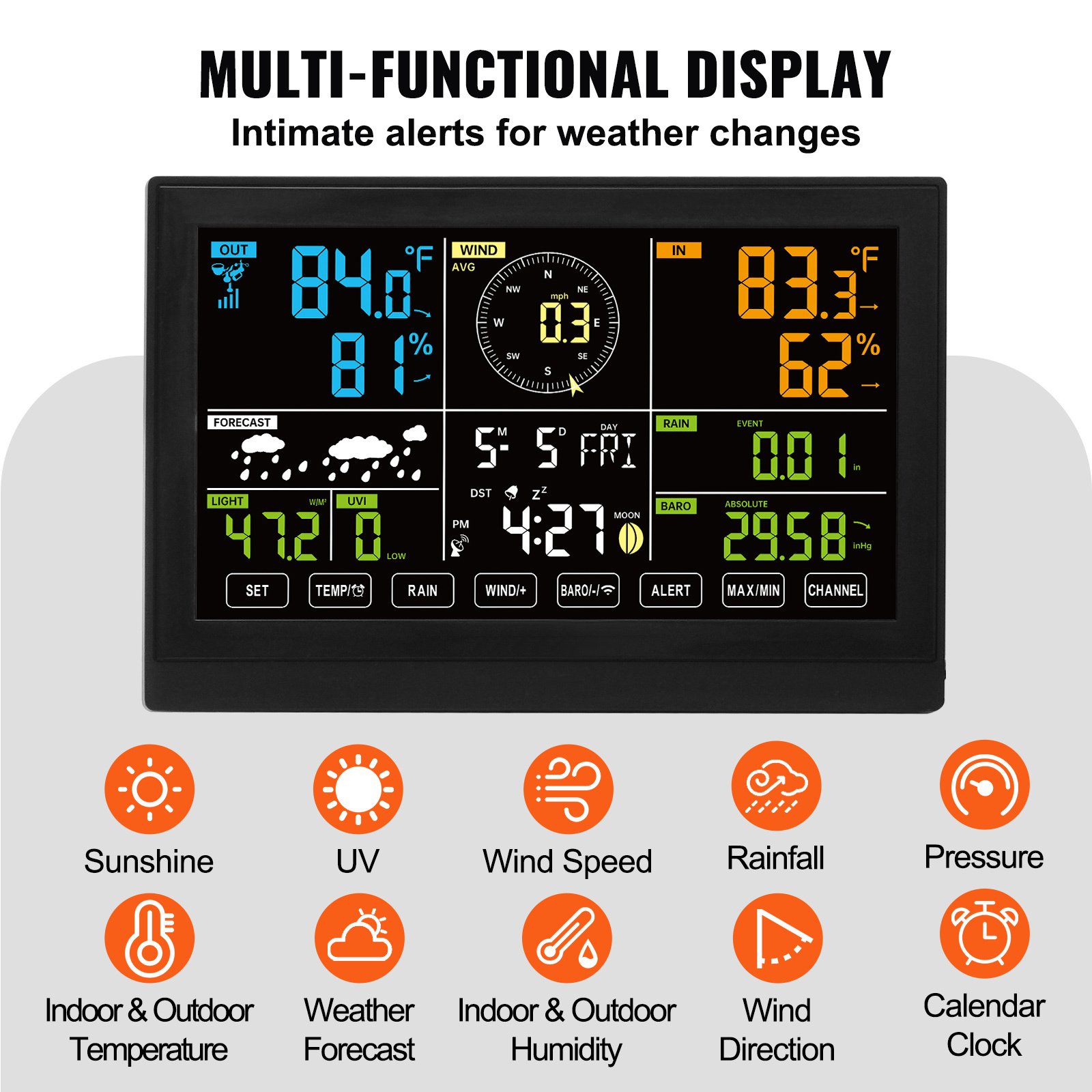 VEVOR 7-in-1 Wireless Weather Station, 7.5 In Large Color Display, Digital Home Weather Station Indoor Outdoor, For Temperature Humidity Wind Speed,Direction Rain UV, With Forecast Data, Alarm, Alerts - Image 9