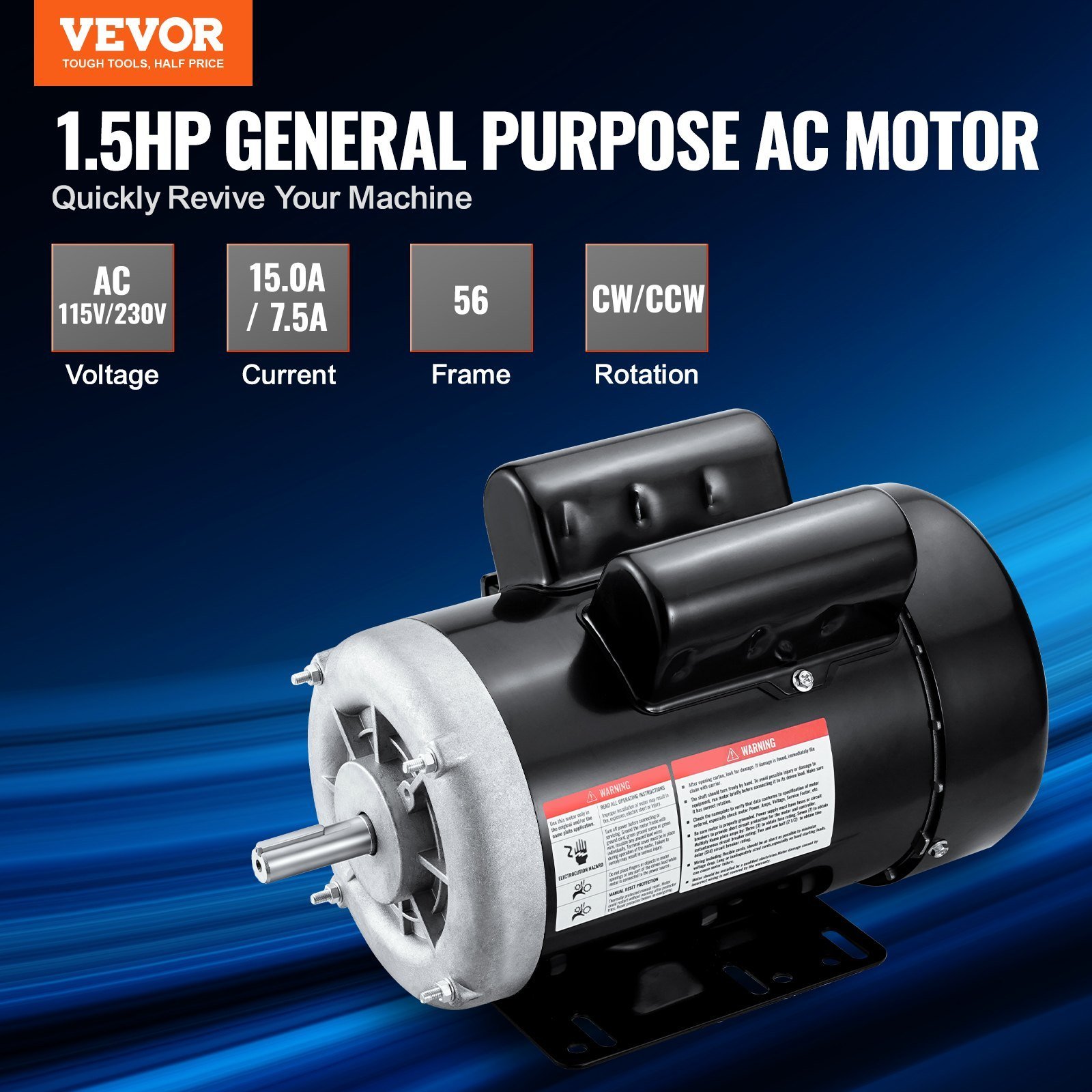 1.5HP Electric Motor 3450 Rpm, AC 115V/230V, 56 Frame, Air Compressor Motor Single Phase, 5/8' Keyed Shaft, CW/CCW Rotation For Agricultural Machinery And General Equipment - Image 5