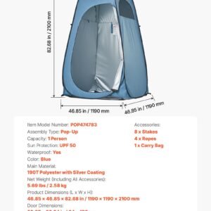 Pop Up Shower Tent, Instant Portable Privacy Tent Changing Room With Ground Stakes, Ropes, And Carry Bag, 190T Polyester With Silver Coating, Quick Setup, For Camping, Beach, Fishing, Blue - Image 1