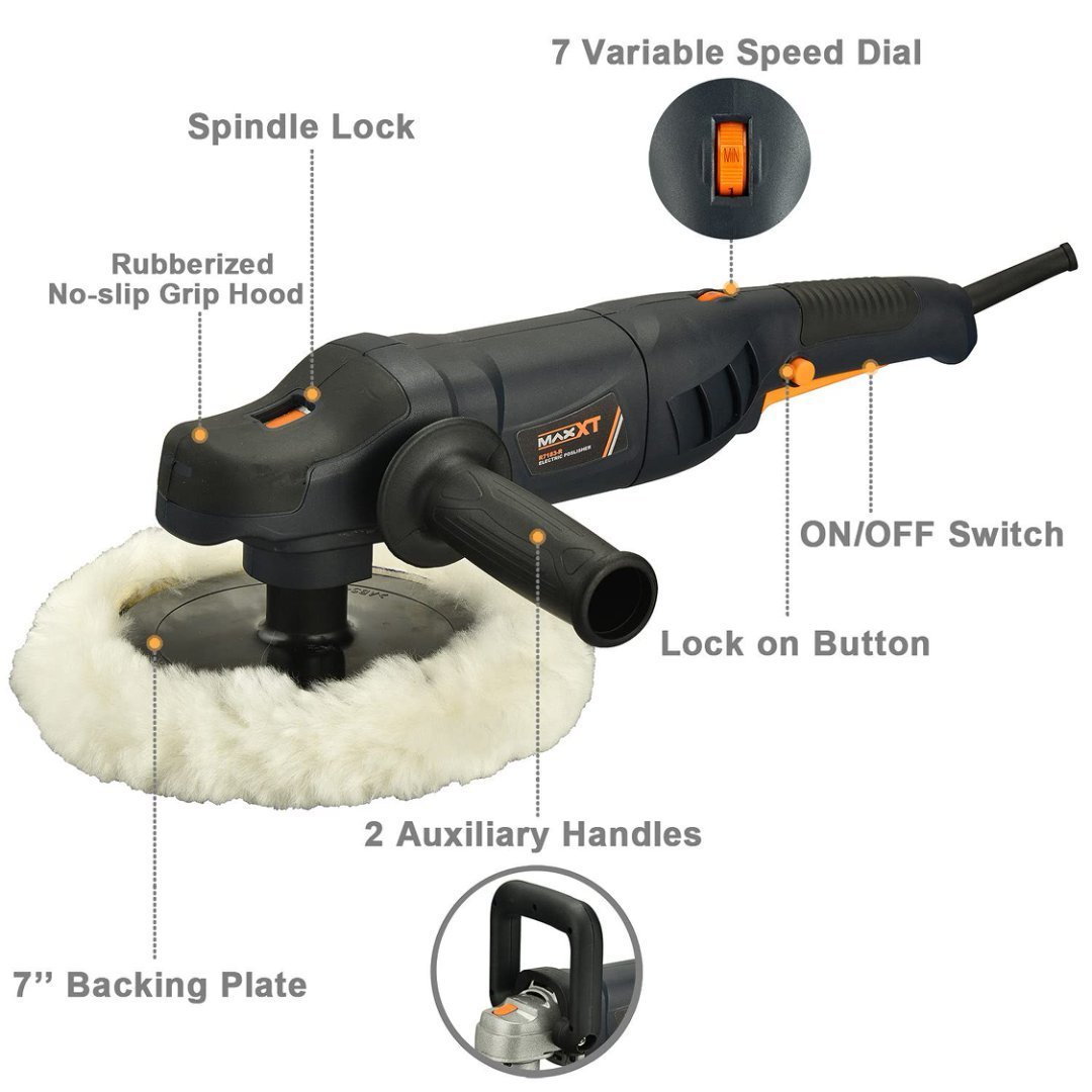 Car Buffer Polisher Rotary Variable Speed Car Polishing Machine 7 Inch Car Detailing Kit With D And Side Handle, Woolen Fleece Hood, Terry Polishing Bonnet, Sanding Discs - Image 5