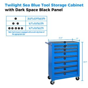 7-Drawer Rolling Tool Storage Cabinet With Detachable Top Tool Box, Universal Lockable Wheels, Adjustable Shelf, Locking Mechanism, Metal Tool Cart For Garage Workshop,Twilight Sea Blue - Image 5