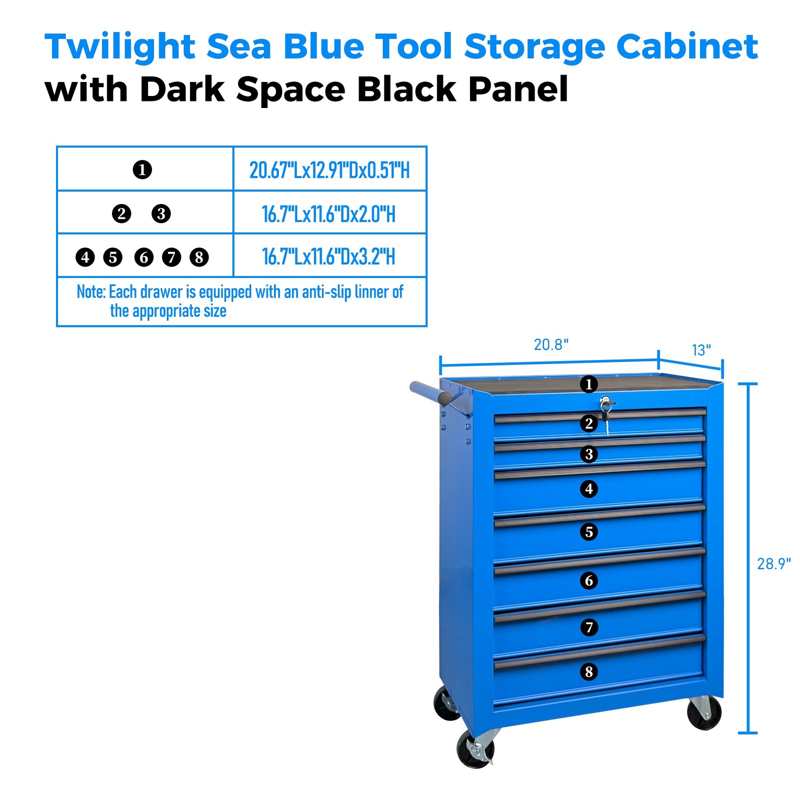 7-Drawer Rolling Tool Storage Cabinet With Detachable Top Tool Box, Universal Lockable Wheels, Adjustable Shelf, Locking Mechanism, Metal Tool Cart For Garage Workshop,Twilight Sea Blue - Image 5