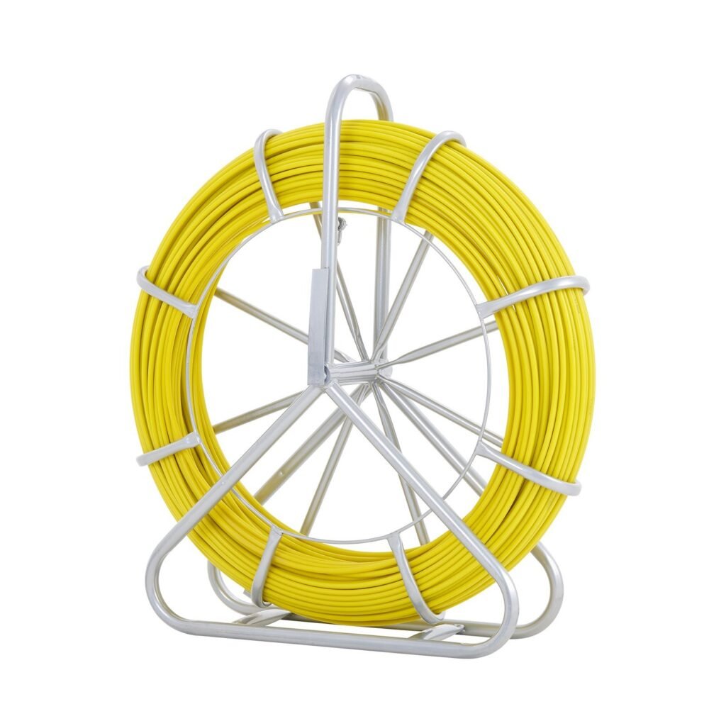 Fish Tape Fiberglass, 656 Ft, 1/4 Inch, Duct Rodder Fishtape Wire Puller, Cable Running Rod With Steel Reel Stand, 3 Pulling Heads, Fishing Tools For Walls And Electrical Conduit, Non-Conductive