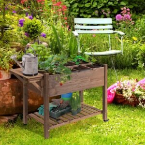 Wooden Garden Box, 34.25H with 8 Pockets and Lockable Wheels, Foldable Side Clapboard, Elevated and Self-Draining Design, to Grow Herbs, Vegetables, and Flowers, Brown - Image 1
