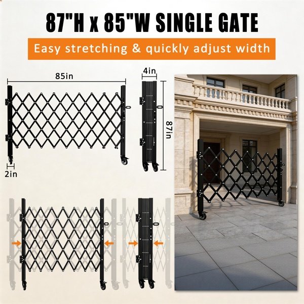 Foldable Security Gate, Expandable Safety Barrier With 360degree Swivel Casters Lockable Design, Portable Mobile Rolling Barricade For Garage, Warehouse, Driveway And Pool Areas 87inH X 85in W
