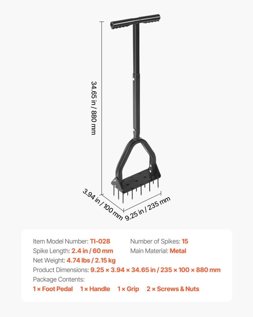 Lawn Aerator, 9.2 In Manual Core Aerator Tool With 15 Iron Spikes, Long Handle & Wide Plate, Heavy Duty Grass Aeration Tool, Yard Aerators For Compacted Hardened Soil Lawn Aeration