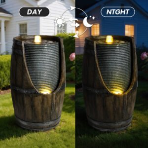 Outdoor Water Fountain With Bird Waterer, Rustic Barrel Garden Fountain With LED Lights And Pump, Faux Wood Resin Water Feature For Patio Backyard Porch Yard - Image 6
