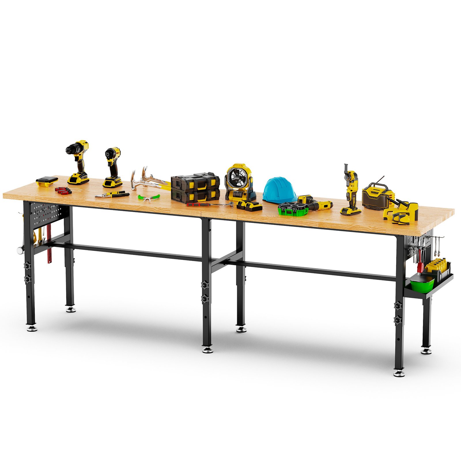 96in Adjustable Workbench With Side Pegboard, Solid Wood Top, 2000 Lbs Capacity, Adjustable Height Garage Work Table With Power Outlet, Storage Box, Wheels Or Leveling Feet - Image 6