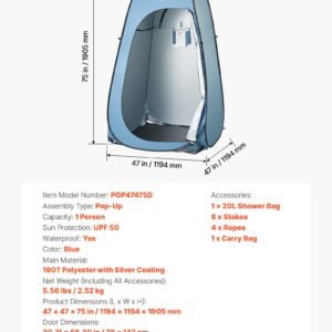 Pop Up Shower Tent, Instant Portable Privacy Tent Changing Room With Shower Bag, Ground Stakes, Ropes, Carry Bag, 190T Polyester With Silver Coating, Quick Setup, For Camping, Beach, Fishing - Image 1