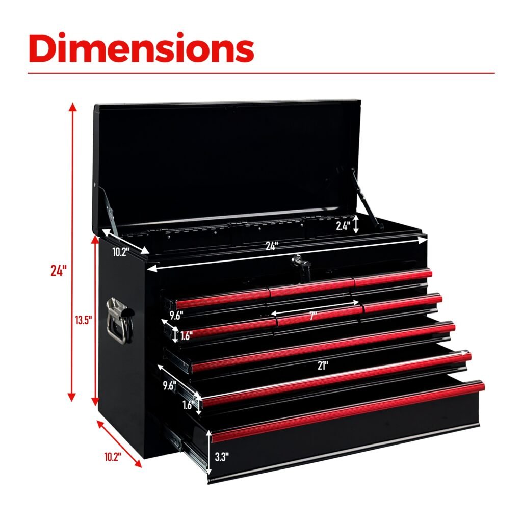 Heavy Duty Metal Tool Box, 24-inch, Portable Metal Tool Box with 9 Drawers, Small Tool Chest with EVA Liners, Ball Bearing Slide Drawers Locking & Powder Coated Finish, Multi-Function Tool Organizer