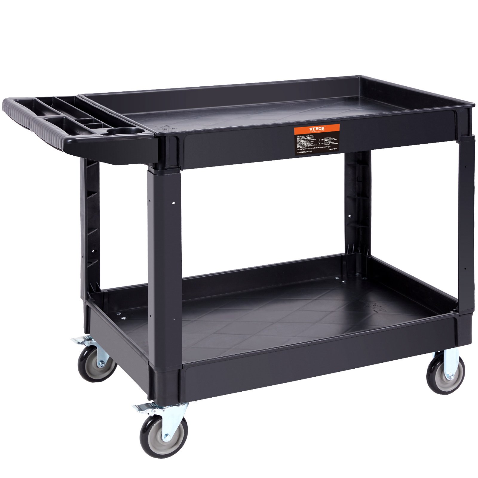 VEVOR Utility Service Cart, 2 Shelf 550LBS Heavy Duty Plastic Rolling Utility Cart With Swivel Wheels 2 With Brakes, Large Lipped Shelf, Ergonomic Storage Handle For Warehouse Garage Cleaning - Image 2