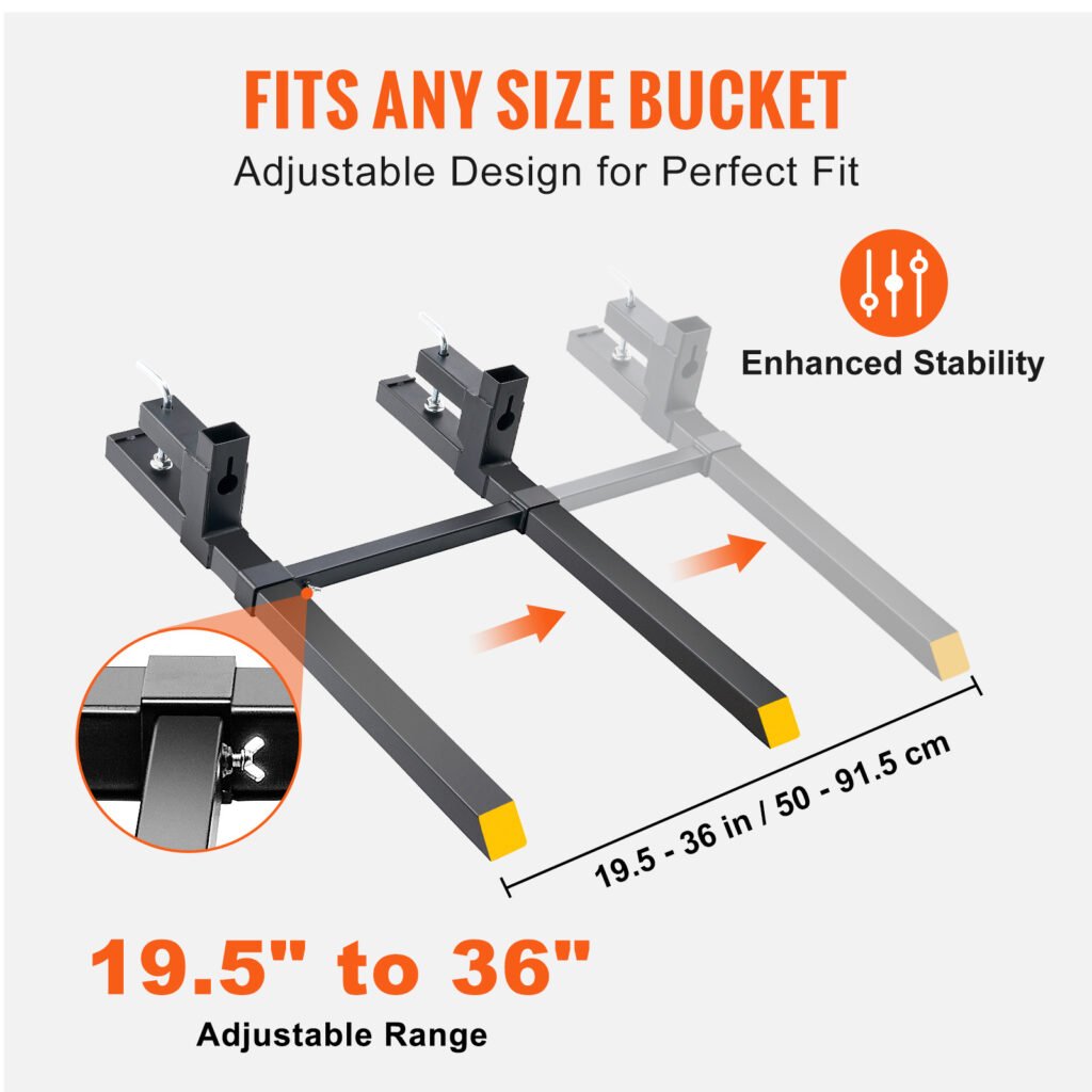 VEVOR Pallet Forks, 2000 Lbs Clamp On Pallet Forks,Total Length Tractor Bucket Forks With Adjustable Stabilizer Bar, Heavy Duty Pallet Forks For Tractor Attachments, Skid Steer, Loader Bucket