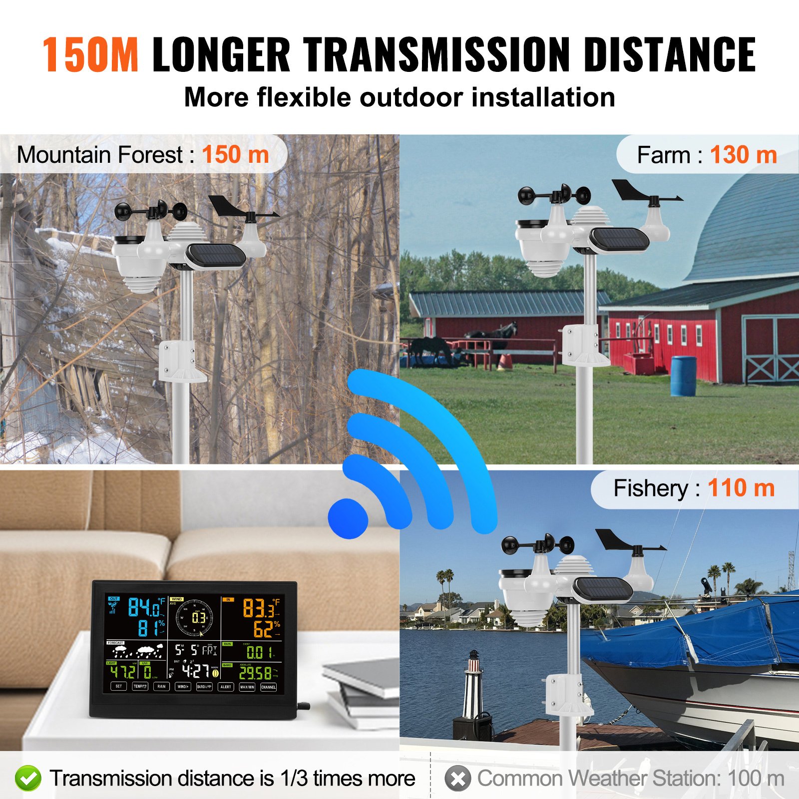 VEVOR 7-in-1 Wireless Weather Station, 7.5 In Large Color Display, Digital Home Weather Station Indoor Outdoor, For Temperature Humidity Wind Speed,Direction Rain UV, With Forecast Data, Alarm, Alerts - Image 2