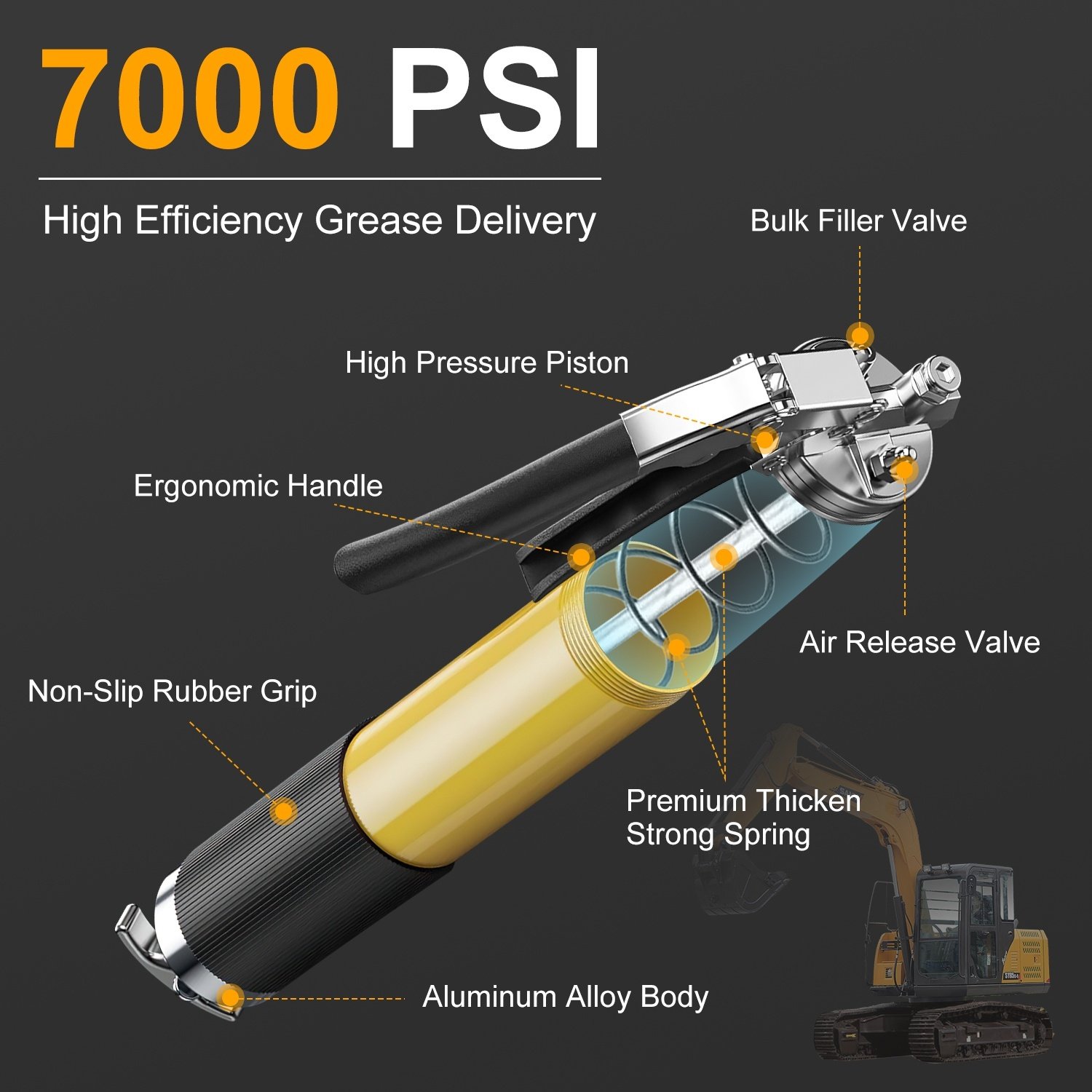 1Pc Grease Gun Kit Fit For 14 Oz Grease Tube 7000 PSI High Pressure Pistol Grip Grease Gun With Lock Coupler 11in Spring Flex Hose Jaw Couplers Sharp Nozzles - Image 2
