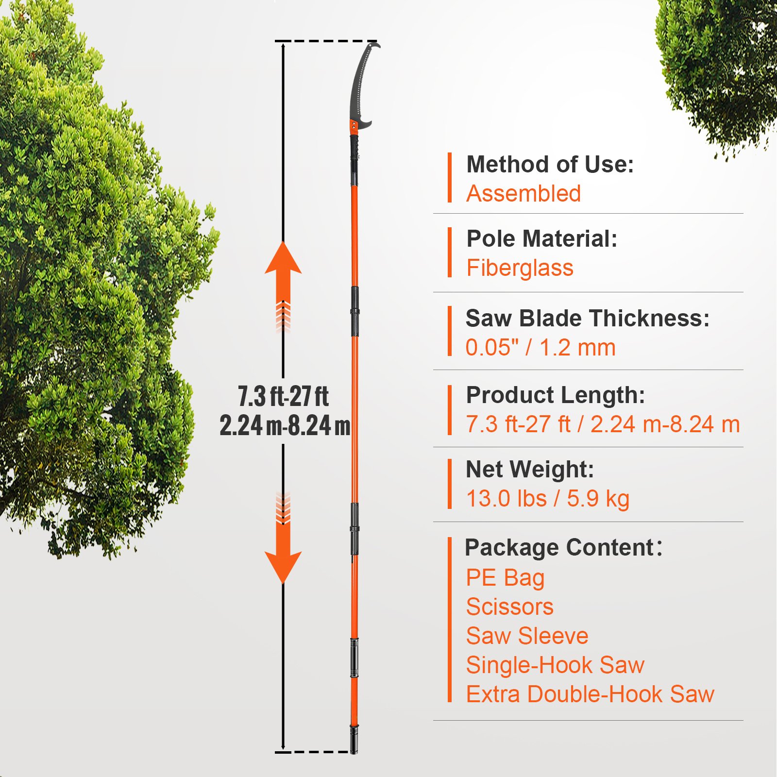 VEVOR Manual Pole Saw, 7.3-27 Ft Extendable Tree Pruner, Sharp Steel Blade And Scissors High Branches Trimming, Branch Trimmer With Lightweight 8 Fiberglass Handles, For Pruning Palms And Shrubs - Image 8