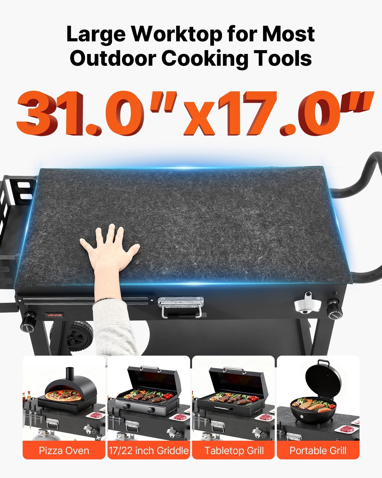 Outdoor Grill Cart, 31.0 X 17.0 Inch Tabletop Size Grilling Table, Foldable Outdoor Cooking Table With Tissue Holder, Wheels, Magnetic Tool Rack, BBQ Prep Tables For Picnic, Kitchen, Courtyard - Image 3