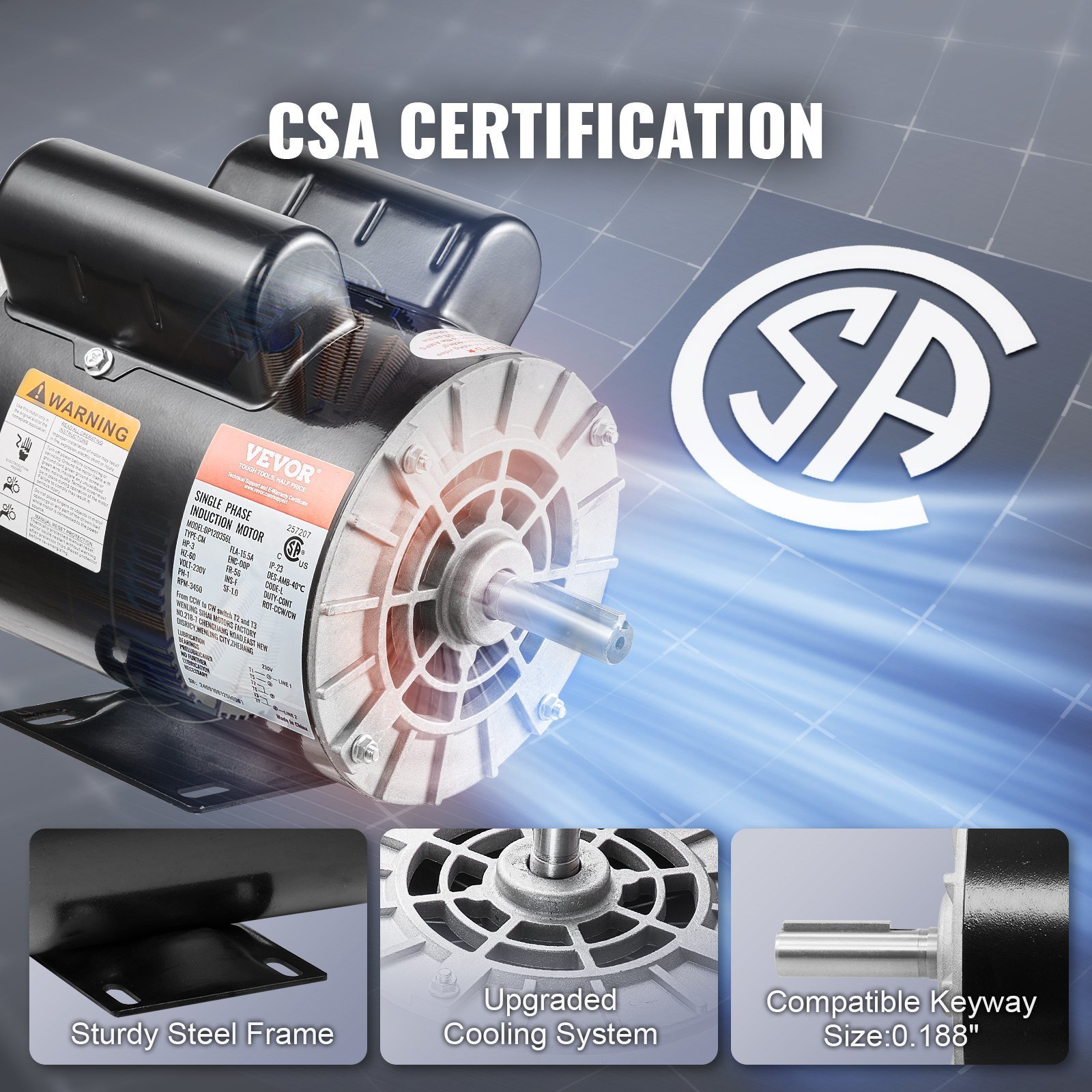 3HP Air Compressor Electric Motor 230V 15.5A 3450RPM 56 Frame CW/CCW Rotation (Factory Setting Is CCW) - Image 4