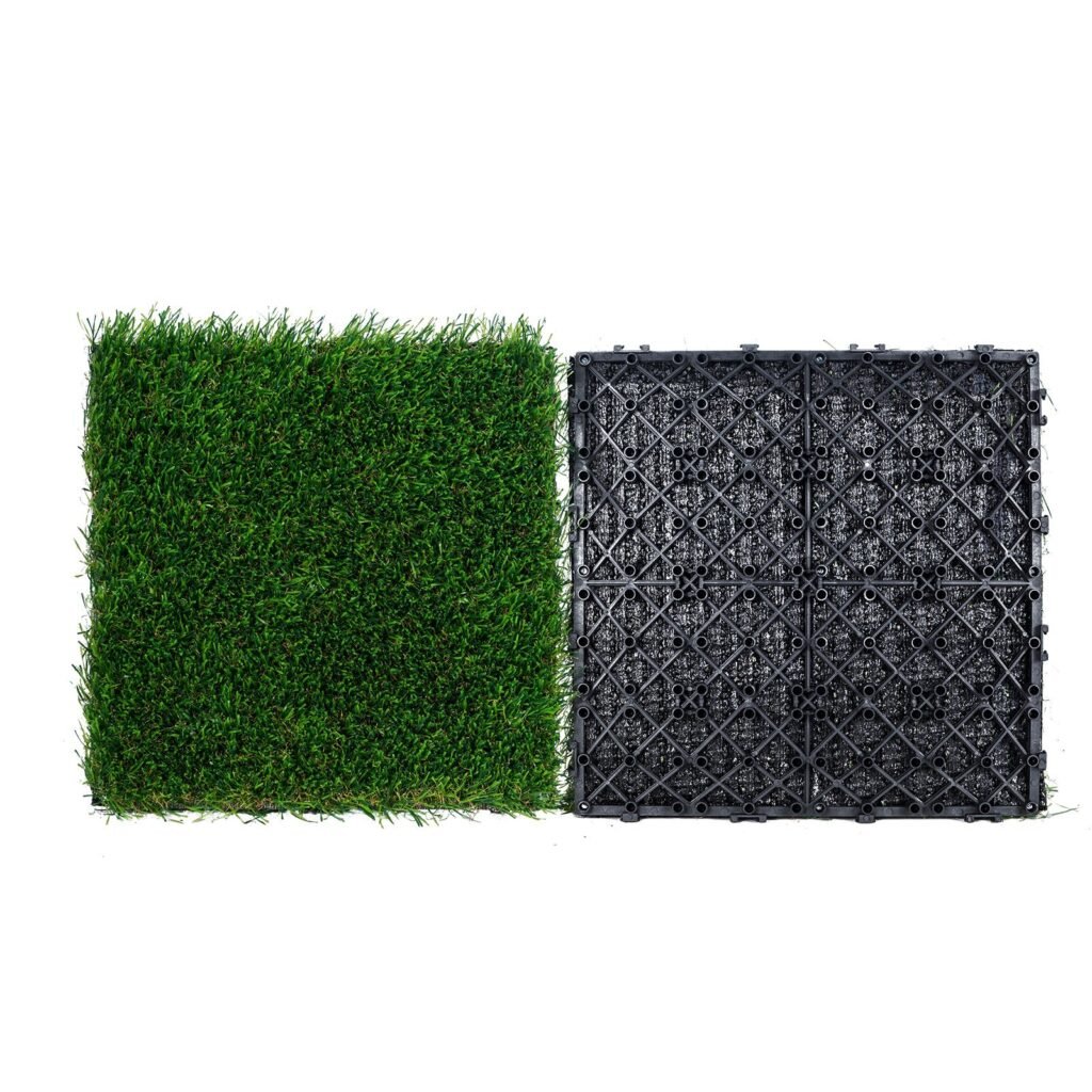 Artifical Grass Tiles Interlocking Turf Deck Set, 18 Pack - 12 X12 Inch, Synthetic Fake Grass Self-draining Mat Flooring Decor Pad, Perfect For Multi-Purpose Indoor Outdoor Entryway Scraper Dog Mats