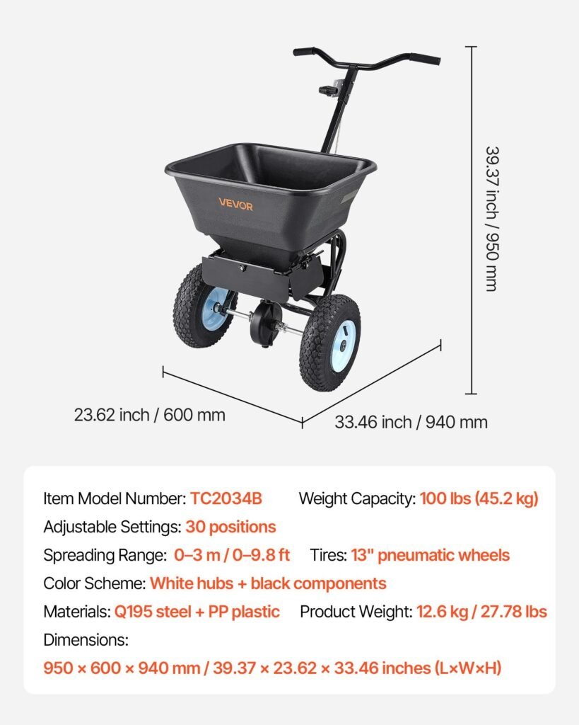Lawn Spreader, 100LBS Capacity, Walk-Behind Push Spreader, 0-9.8ft Spreading Width, 13 In All Terrain Pneumatic Tires, Fertilizer Spreaders With Hopper Grate, For Seed Salt Ice Melt
