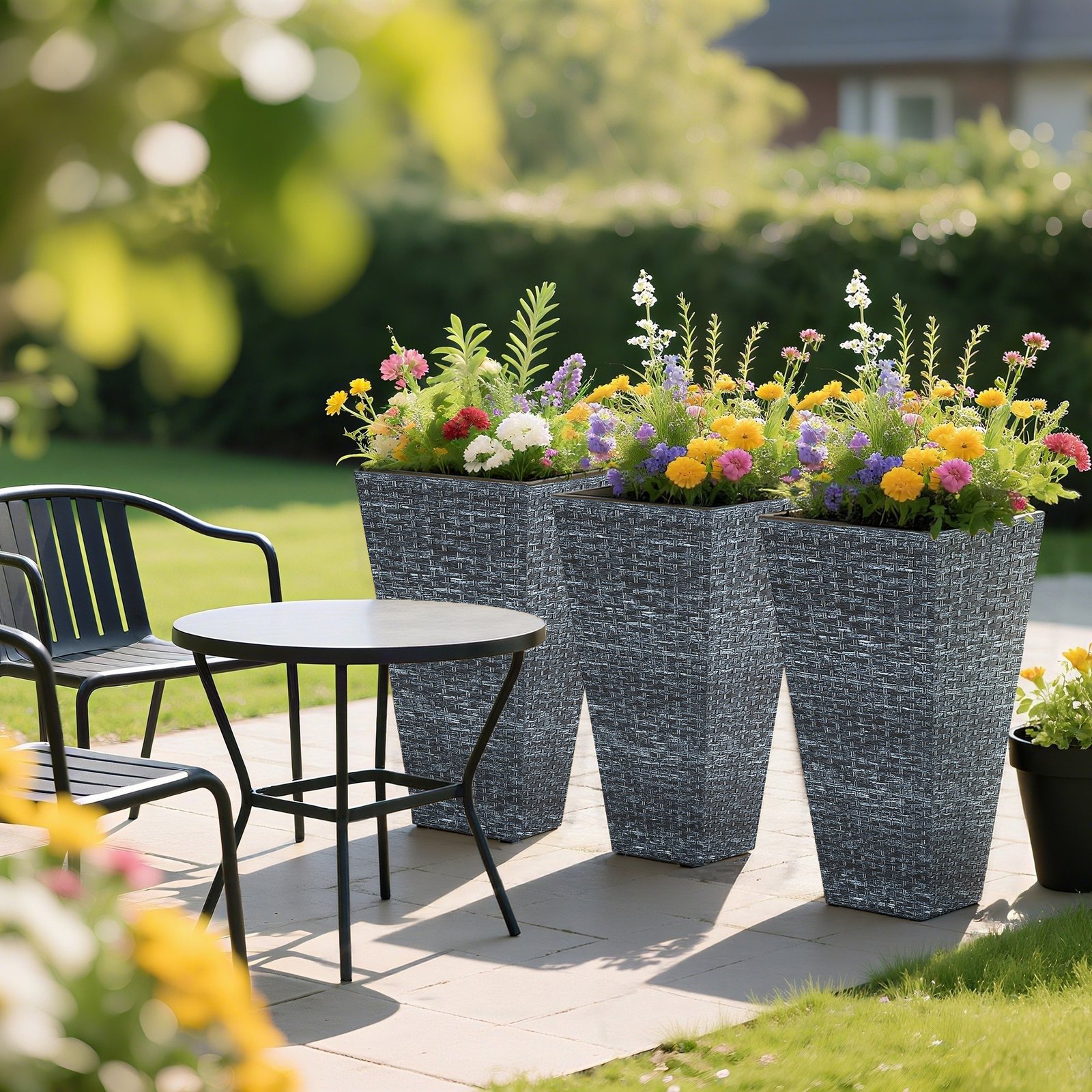 Tall Planters for Outdoor Plants Set of 3, 24 In Taper Planters with Drainage Holes, Rattan Decor Plant Pots for Indoor Outdoor Front Porch Patio Backyard, Gray - Image 4