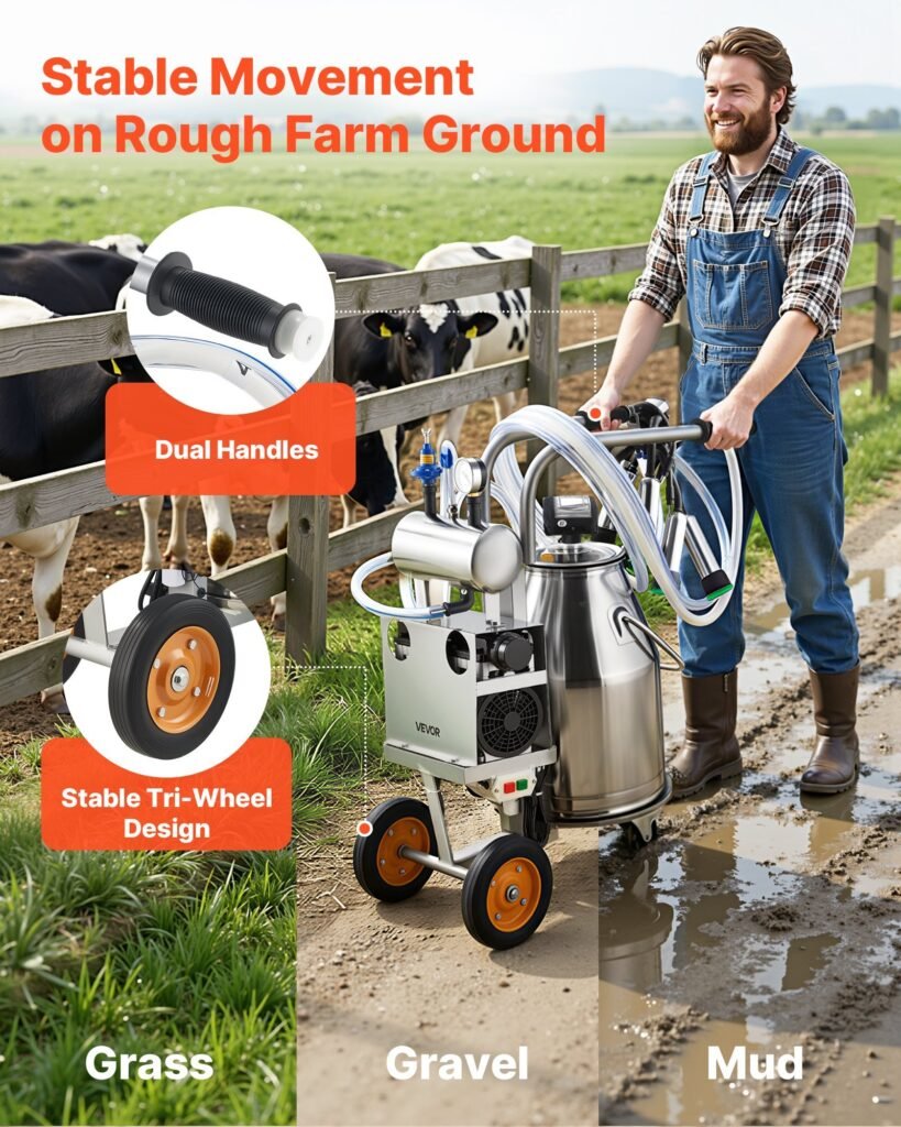 Electric Cow Milking Machine, 6.6 Gal / 25 L 304 Stainless Steel Bucket, Food-Grade Teat Cups And Silicone Hose, Strong Suction, Vacuum Pulsation, Electric Milker Machine With Wheels For Cow