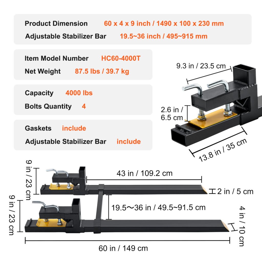 VEVOR Pallet Forks, 4000 Lbs Clamp On Pallet Forks, 60inch Total Length Heavy Duty Pallet Forks With Adjustable Stabilizer Bar, Tractor Bucket Forks For Tractor Attachments, Skid Steer, Loader Bucket