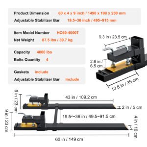 VEVOR  Pallet Forks, 4000 Lbs Clamp On Pallet Forks, 60inch Total Length Heavy Duty Pallet Forks With Adjustable Stabilizer Bar, Tractor Bucket Forks For Tractor Attachments, Skid Steer, Loader Bucket - Image 7