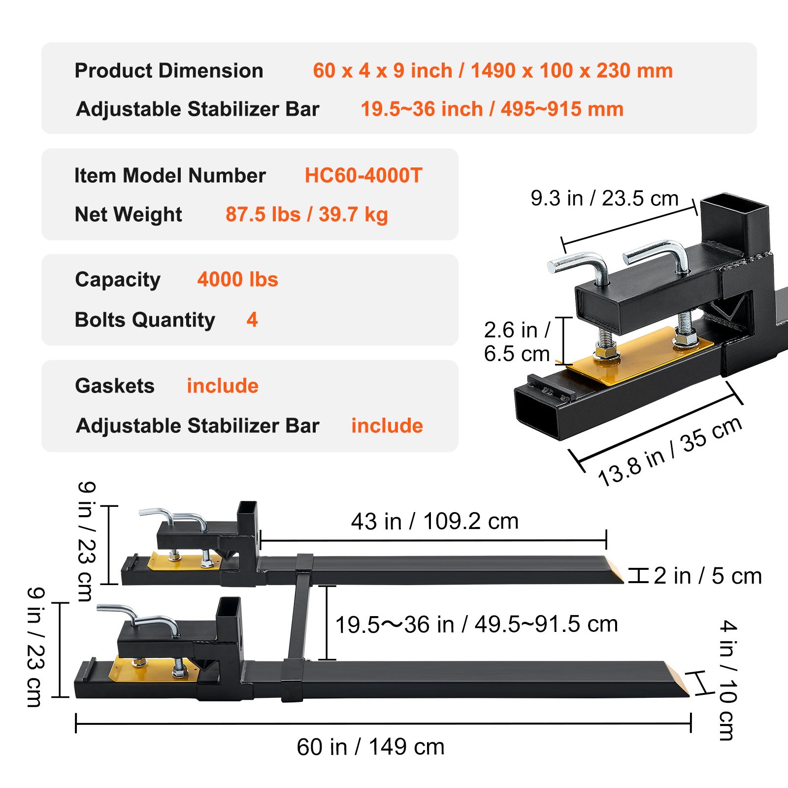 VEVOR  Pallet Forks, 4000 Lbs Clamp On Pallet Forks, 60inch Total Length Heavy Duty Pallet Forks With Adjustable Stabilizer Bar, Tractor Bucket Forks For Tractor Attachments, Skid Steer, Loader Bucket - Image 7