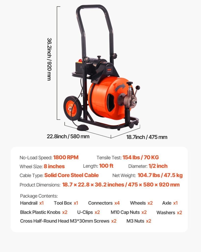 Drain Cleaner Machine 100 FT X 1/2 Inch, Auto Feed Sewer Snake Auger On Wheels, Portable Drain Cleaning Machine With 4 Cutters & Air-activated Foot Switch For 2" To 6" Pipes