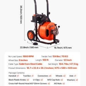 Drain Cleaner Machine 100 FT X 1/2 Inch, Auto Feed Sewer Snake Auger On Wheels, Portable Drain Cleaning Machine With 4 Cutters & Air-activated Foot Switch For 2" To 6" Pipes - Image 1