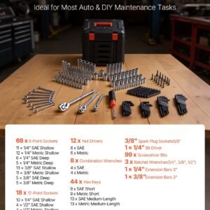 Mechanics Tool Set, 256-Piece Mechanic Tool Kit, 1/4 In, 3/8 In, And 1/2 In Drive, SAE And Metric Socket Set, Wrenches, Screwdriver Bits, Accessories, And Storage Case, For Automotive Repair - Image 4