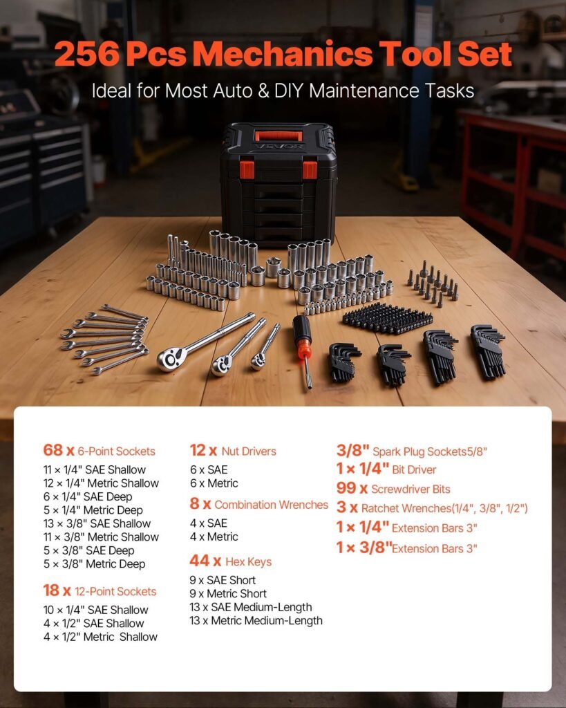 Mechanics Tool Set, 256-Piece Mechanic Tool Kit, 1/4 In, 3/8 In, And 1/2 In Drive, SAE And Metric Socket Set, Wrenches, Screwdriver Bits, Accessories, And Storage Case, For Automotive Repair