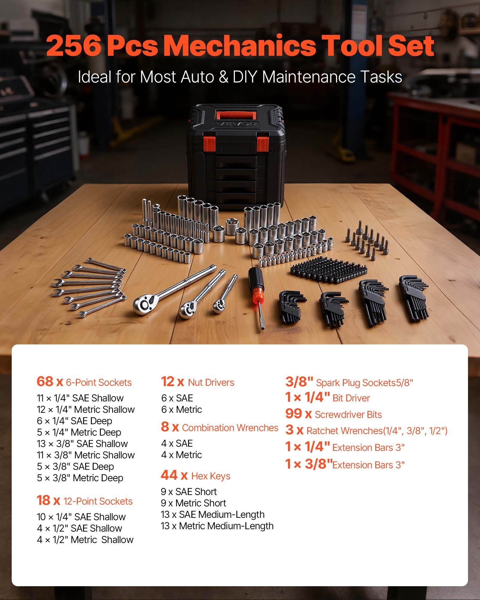 Mechanics Tool Set, 256-Piece Mechanic Tool Kit, 1/4 In, 3/8 In, And 1/2 In Drive, SAE And Metric Socket Set, Wrenches, Screwdriver Bits, Accessories, And Storage Case, For Automotive Repair - Image 4