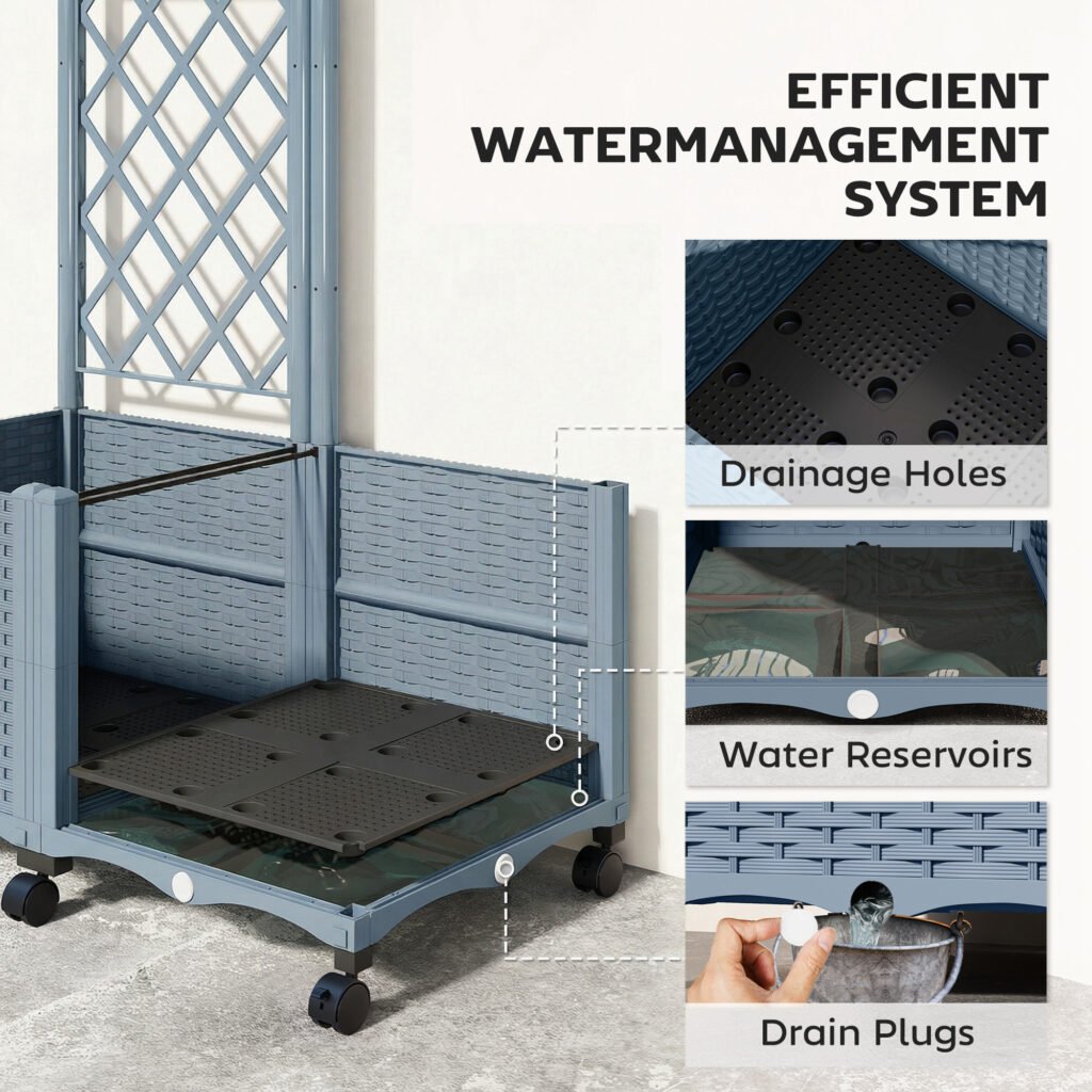 Planter Box with Trellis, Self Watering Raised Garden Bed with Lockable Wheels and Drainage Holes, Gray