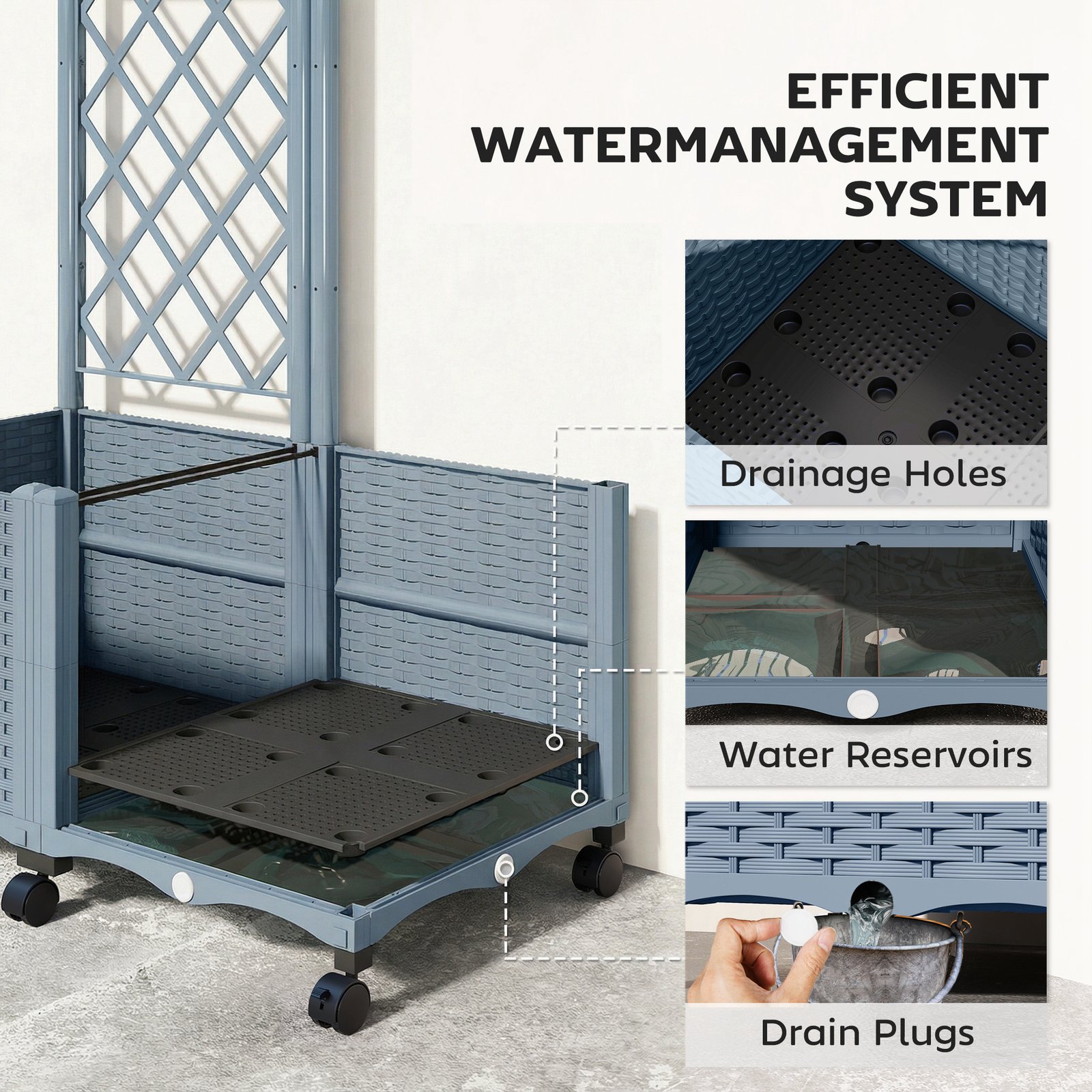 Planter Box with Trellis, Self Watering Raised Garden Bed with Lockable Wheels and Drainage Holes, Gray - Image 4