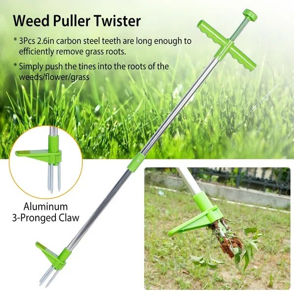 Weed Puller Twister Stand Up Root Removal Hand Tool 3 Claws Aluminum Grass Manual Remover 38.98in Long Handle With Foot Pedal