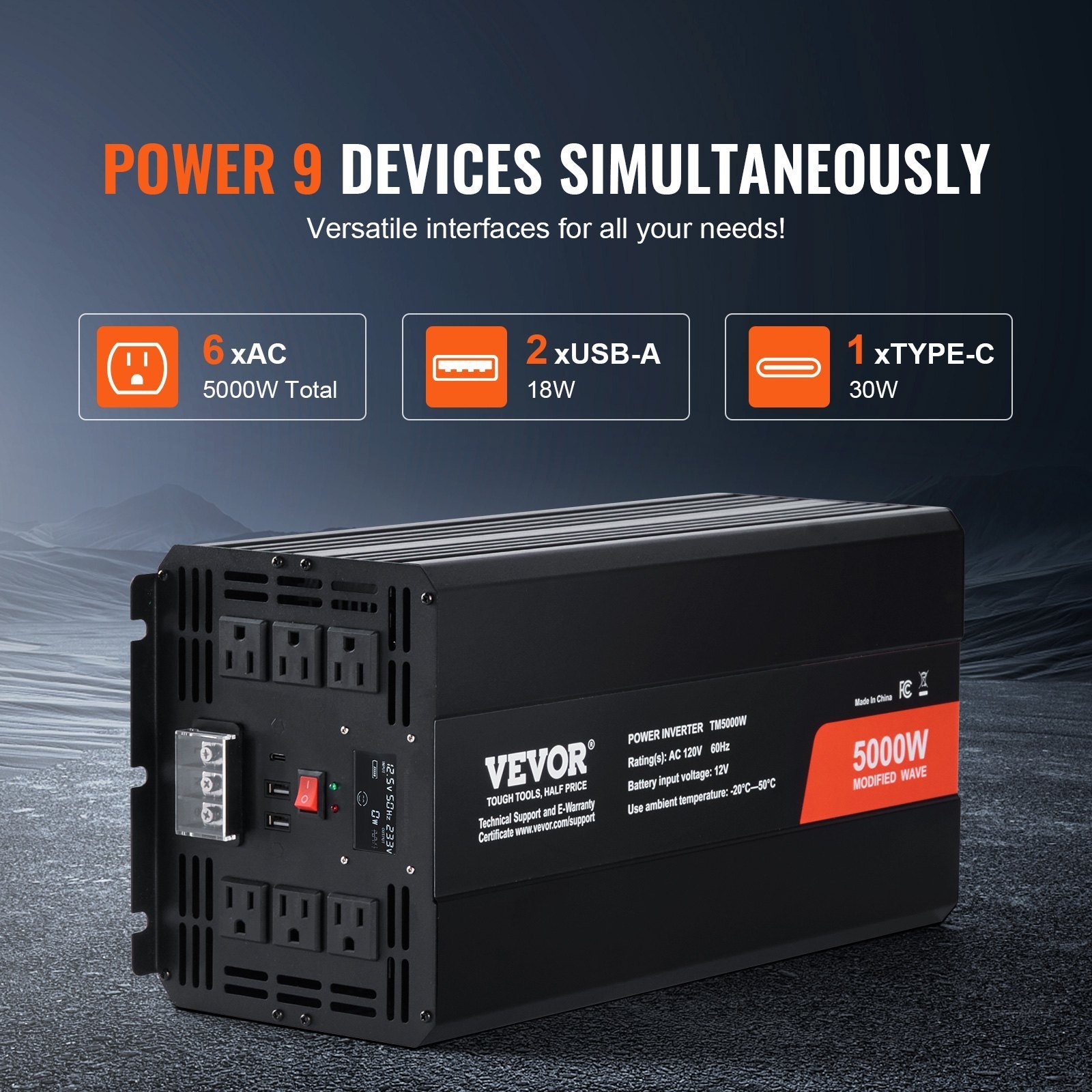 Modified Sine Wave Inverter, 5000W, DC 12V To AC 120V Power Inverter With 6 AC Outlets 2 USB Port 1 Type-C Port, LCD Display And Remote Controller For High Load Home Appliances, CE FCC Certified - Image 4