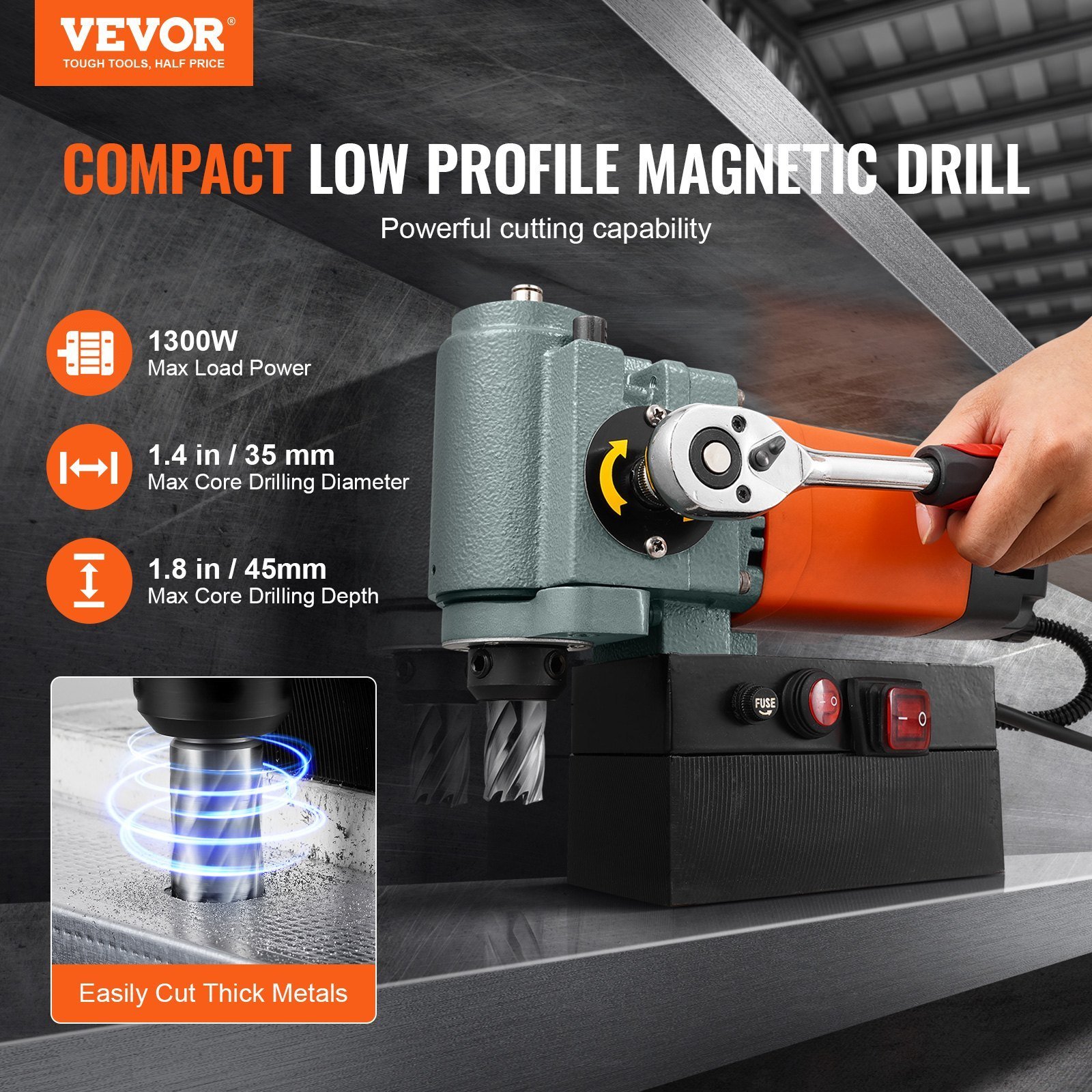 Magnetic Drill Press 1300W Low Profile Mag Drill Light Weight Portable - Image 4