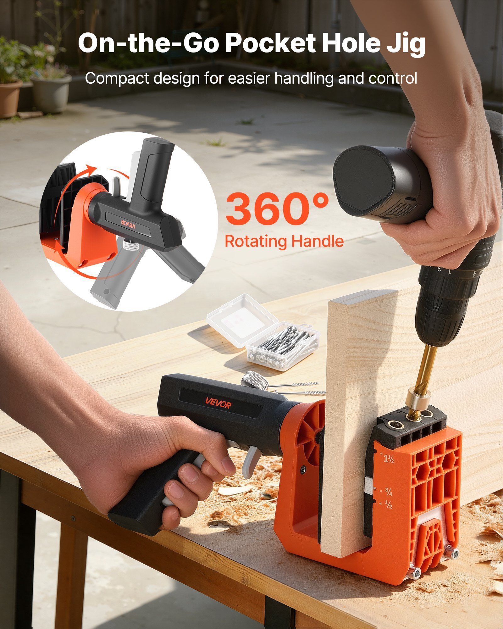 Pocket Hole Jig Kit, 1/2", 3/4", 1-1/2" Adjustable, 360° Rotating Handle, Jig Pocket Hole System With 260 Screws, C-Clamp, Stop Collar, Drill Bit, Easy Clamping And Adjusting, For Woodworking - Image 3