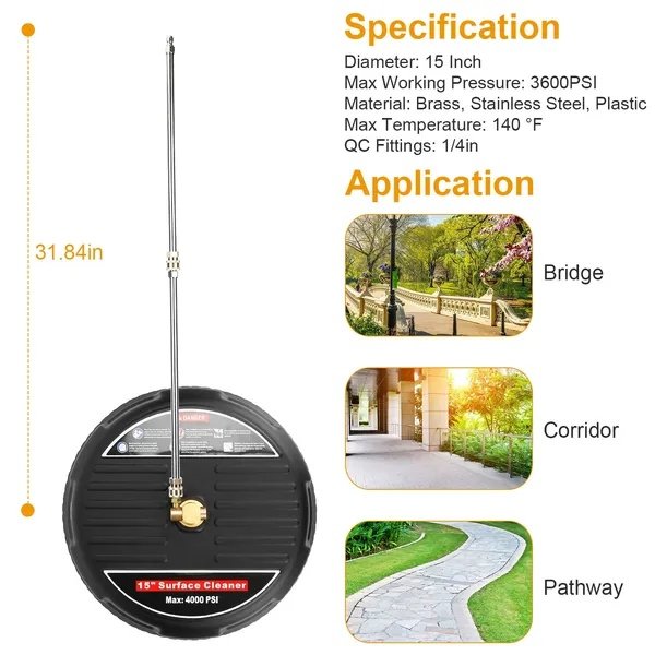 15in Power Washer Surface Cleaner High Pressure Flat Surface Cleaner 4000PSI Disc Power Washer Broom