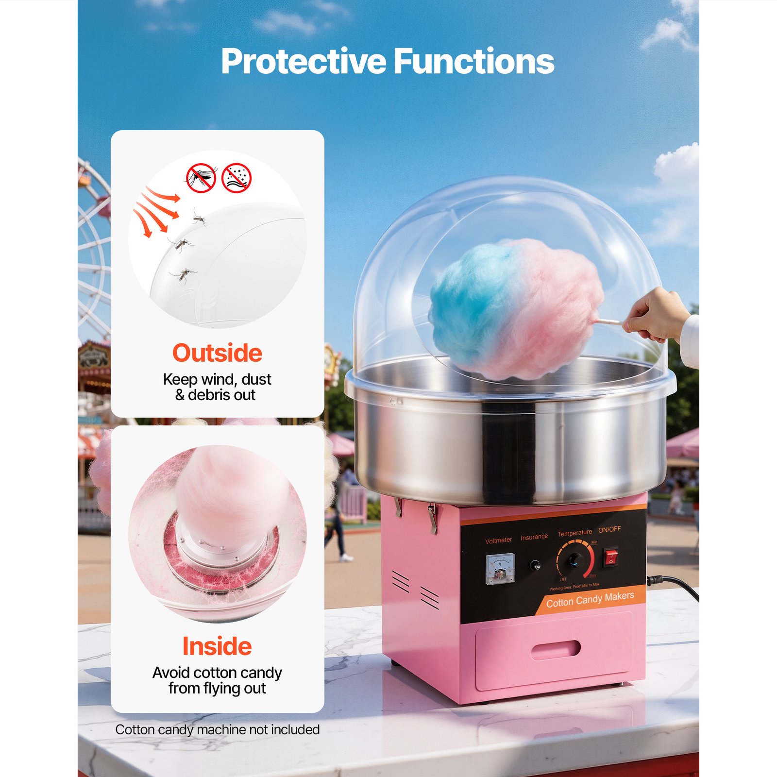 Cotton Candy Machine Cover, Transparent Acrylic Dome Bubble Shield, Cotton Candy Machine Bubble Shield Compatible With 20.5in Cottons Candies Machines Bowl For Party, Shops, Bottom Groove Design - Image 3