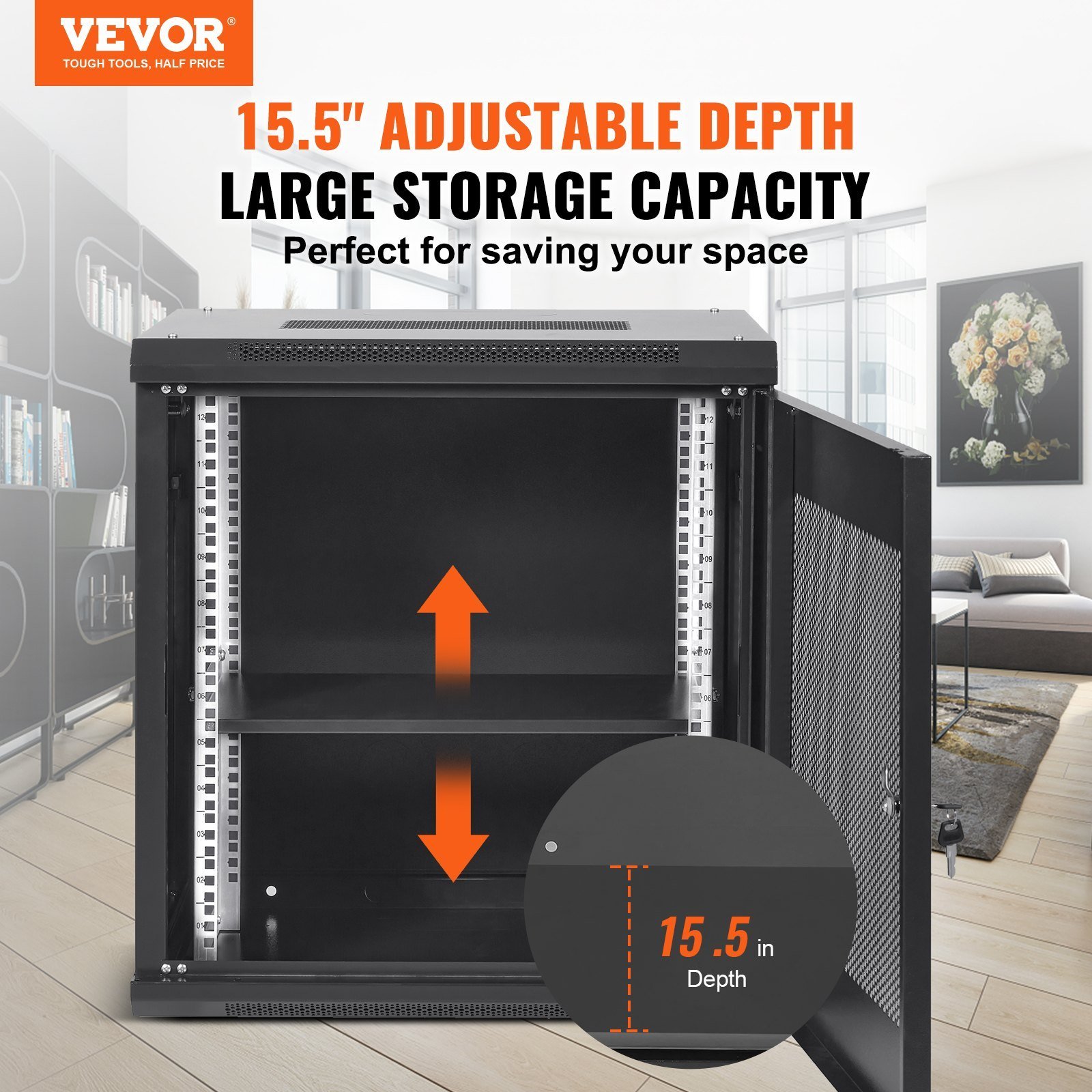 12U Wall Mount Network Server Cabinet, 15.5'' Deep, Server Rack Cabinet Enclosure, 200 Lbs Max. Ground-mounted Load Capacity, With Locking Door Side Panels, For IT Equipment, A/V Devices - Image 3