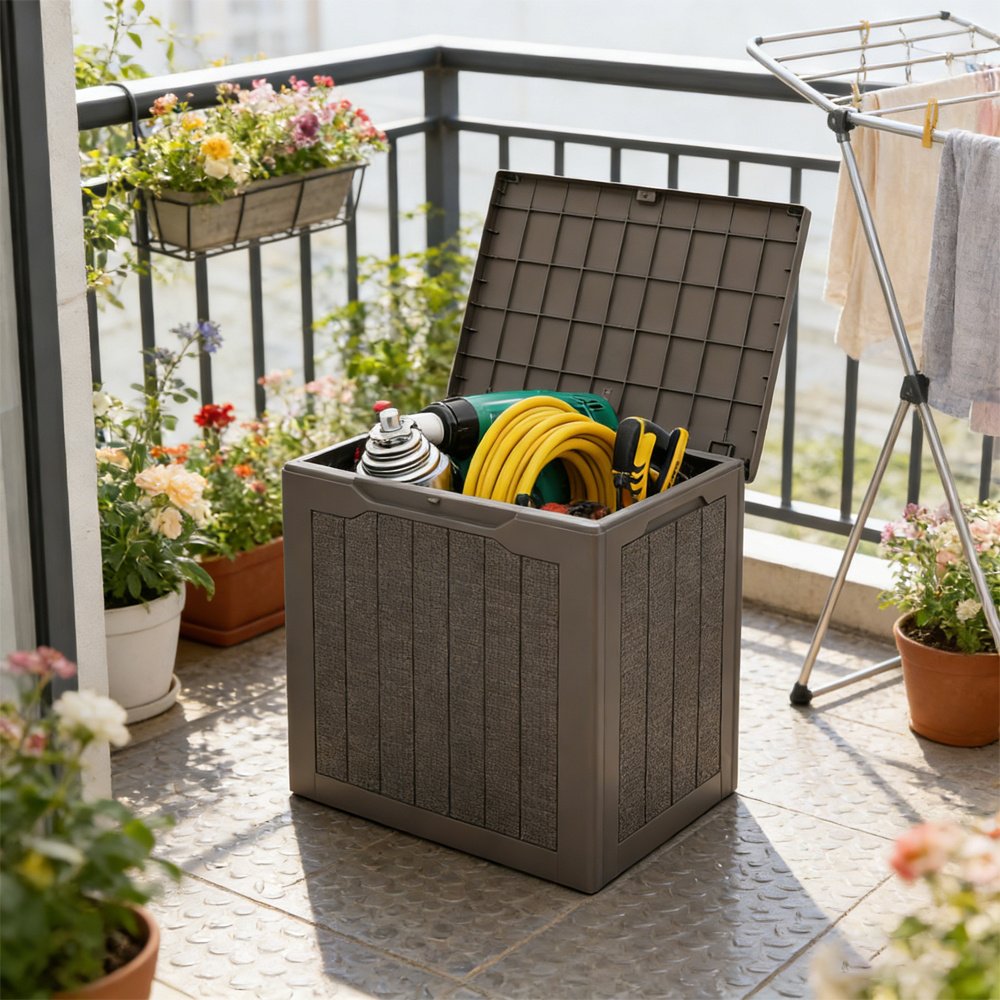 Outdoor Storage Box 25 Gallon Deck Box With Lockable Lid And Wicker-woven Texture For Storage Bin, Side Table Or Bench