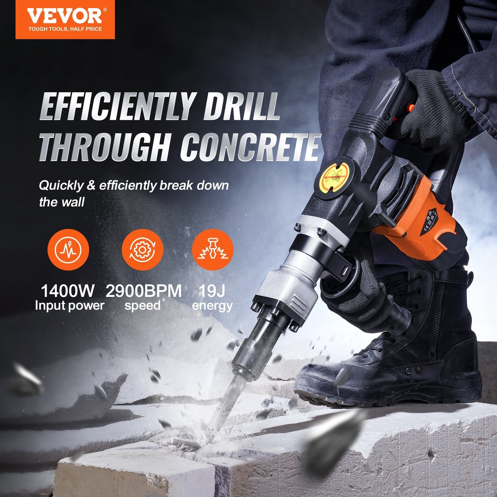 Demolition Jack Hammer Concrete Breaker 1400W Electric Hammer 2 Chisel Bit - Image 5